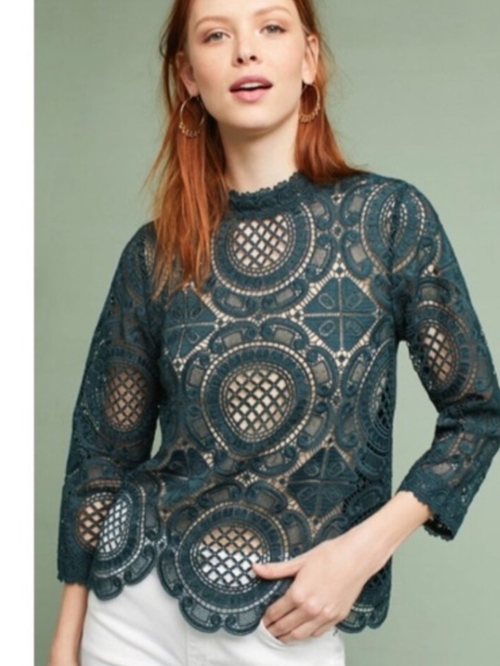 Anthropologie James Coviello Medallion Lace Button Back Top Emerald Green Small
